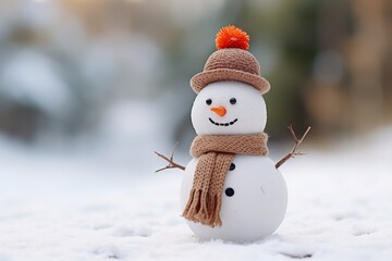 Obraz premium Charming snowman in hat and scarf amidst winter forest, close up with blurred background