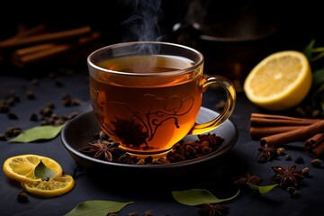 Cup of tea with lemon and cinnamon, An up-close view of a steaming cup of tea, with a selection of tea leaves and aromatic spices scattered around