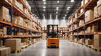 Retail warehouse full of shelves with goods in cartons, with pallets and forklifts. Logistics and transportation