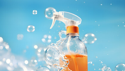 an image of a cleaning spray bottle with bubbles and bubbles, calm and serene, light orange and sky-blue