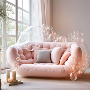 Sofa made of Soap bubbles in the living room interior background, Concept of joy, happy, cozy, dreamy interior