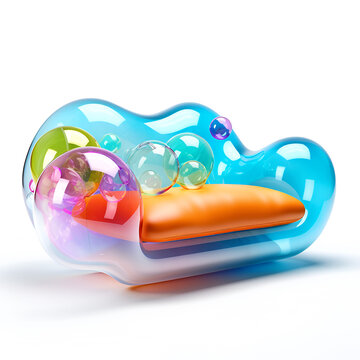 Sofa made of Soap bubbles isolated on background, Concept of joy, happy, cozy, dreamy interior