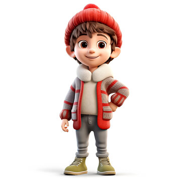 Cute 3D Cartoon Character of young boy with winter hat and winter clothes on white background. Winter holiday concept
