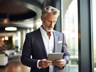 Fototapeta premium Portrait of a mature businessman using a digital tablet, corporate interior background. concept of business, success, stock, finance
