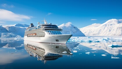 Spectacular views of a large cruise ship sailing through majestic northern seascape with glaciers