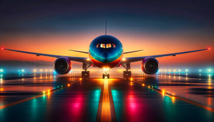 Commercial airplane on runway at dusk, vibrant sky reflecting on fuselage, runway lights guiding path. Generative AI