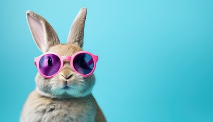 happy  domestic bunny wear  big sunglasses ,blue background 