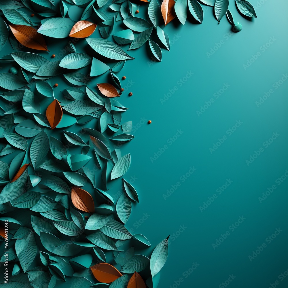 Poster abstract turquoise paper leaves in quilling style on a plain background. banner with space for copy 