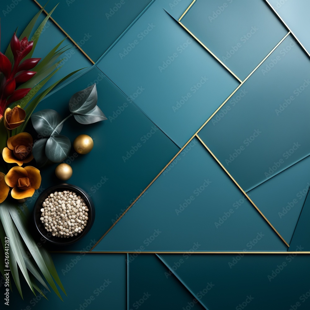 Poster abstraction with geometric shapes in shades of turquoise and red accents on some elements. banner wi