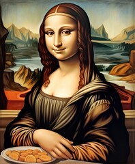 Mona Lisa Eating Pizza. Mona Lisa's portrait in a pop art style. Sticker. Logotype.