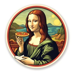 Mona Lisa Eating Pizza. Mona Lisa's portrait in a pop art style. Sticker. Logotype.