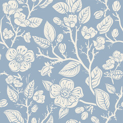 Blue and white monochrome seamless floral pattern. Decorative wrapping paper with flowers and plants. Stylized flowers design for fabric, textile, cover, paper, web, scrapbooking, rug  - 676941460