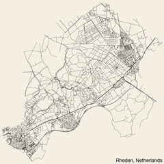 Detailed hand-drawn navigational urban street roads map of the Dutch city of RHEDEN, NETHERLANDS with solid road lines and name tag on vintage background