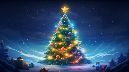 Christmas Tree decorated with balls and presents. Banner format
