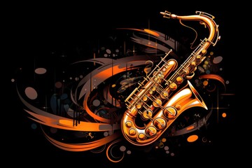 Musical style illustration, colorful saxophone, notes. Poster, music concert, festival, music store and musical instrument design.
