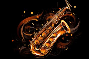 Obraz premium Musical style illustration, colorful saxophone, notes. Poster, music concert, festival, music store and musical instrument design.