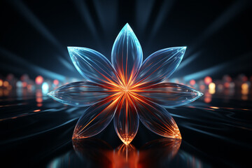 Close-up of a transparent crystal flower on a dark sparkling background.