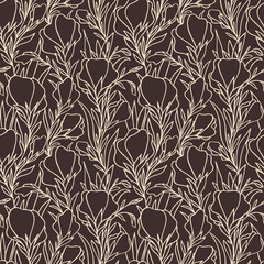 purple graphic pattern of large beige flowers on a brown background, seamless pattern, texture,...