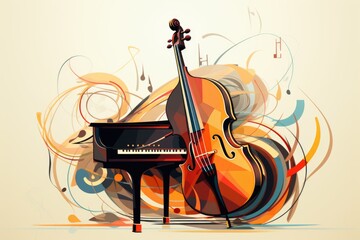 Music style illustration, colorful piano, cello. Poster, music concert, festival, music store and musical instrument design.