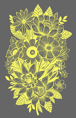 yellow graphic linear drawing of a branch of flowers on a gray background, design