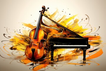 Music style illustration, colorful piano, cello. Poster, music concert, festival, music store and musical instrument design.
