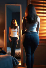 Pretty plus size young woman in front of a mirror - inclusion and acceptance concept - tight blue jeans and white tank top - obrazy, fototapety, plakaty