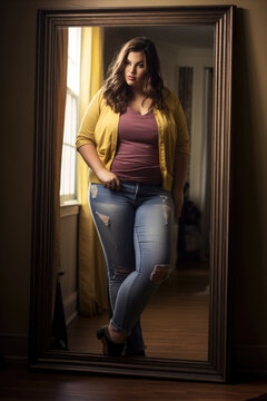 Pretty plus size young woman in front of a mirror - inclusion and acceptance concept - casually fashion dressed - wavy brown hair
