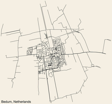 Detailed hand-drawn navigational urban street roads map of the Dutch city of BEDUM, NETHERLANDS with solid road lines and name tag on vintage background