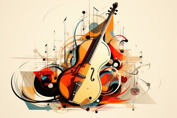 Music style illustration, colorful cello, guitar. Poster, music concert, festival, music store and musical instrument design.