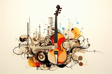 Music style illustration, colorful cello, guitar. Poster, music concert, festival, music store and musical instrument design.