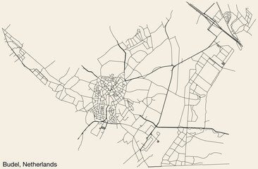 Detailed hand-drawn navigational urban street roads map of the Dutch city of BUDEL, NETHERLANDS with solid road lines and name tag on vintage background