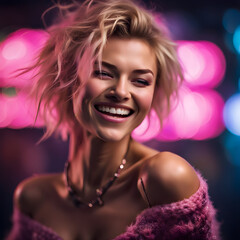a sexy blonde model with a pink blouse smiling and laughing