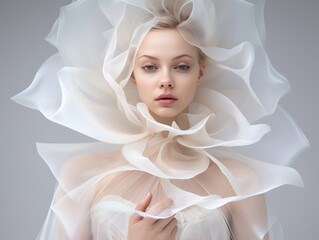 Woman in a beautiful white dress. Model of a bride in a wedding dress flying in the wind. Wedding fashionable clothes, beautiful hairstyle and makeup