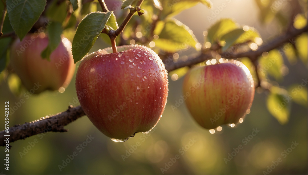 Poster a closeup of a couple of apples hanging on a branch with a defocused background - ai generative