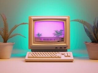 Vintage computer featuring a palm tree screensaver displayed on the monitor, flanked by potted plants