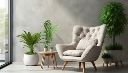 Fototapeta premium Minimalist interior with armchair on white concrete wall background and empty picture frame