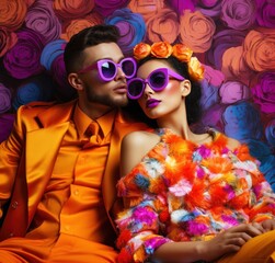 Fashionable couple in orange tones and purple sunglasses posing in a colorful, texture-rich environment