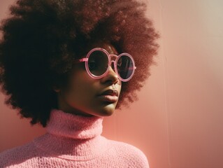 Stylish woman with an afro wearing a pink sweater and oversized pink sunglasses poses thoughtfully