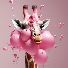 Digital art of a giraffe with an amusing expression, pink balloons, and playful liquid splashes