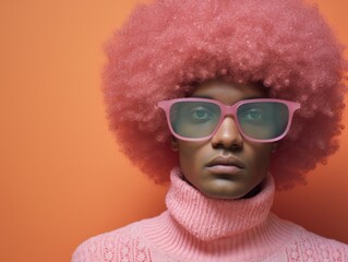 Fashion-forward subject with stylishly colored afro hair and matching pink sunglasses in a monochrome setting
