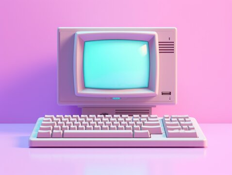 Pastel-colored vintage computer setup, featuring a classic keyboard against a monochrome background