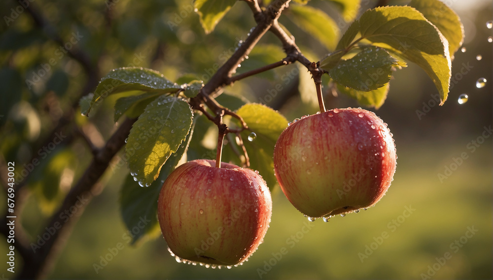 Poster a closeup of a couple of apples hanging on a branch with a defocused background - ai generative