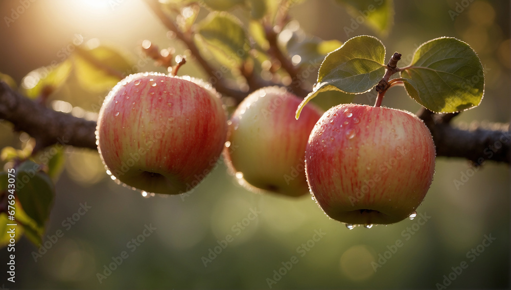 Poster a closeup of a couple of apples hanging on a branch with a defocused background - ai generative