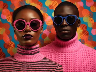 Fashionable young couple donning vibrant pink knits and funky sunglasses against a retro backdrop