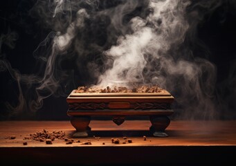 Ornate wooden incense burner emitting swirls of fragrant smoke on a dark background - obrazy, fototapety, plakaty