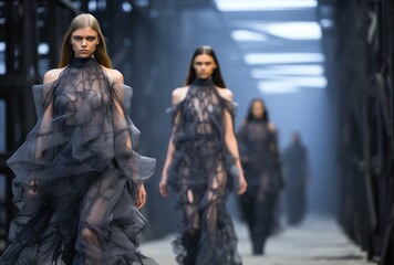 Elegant fashion models walking the runway in translucent designer gowns with a blurred background