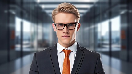 Close-up portrait of a serious male businessman in a suit and tie. Confident and elegant man. Illustration for banner, poster, cover, brochure, advertising, marketing or presentation.