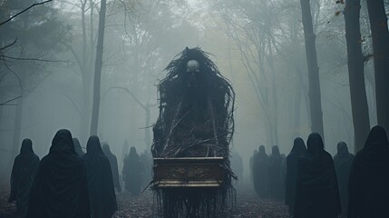 A strange occult ritual. A burial rite in the cult of dark forces. Scary horror atmosphere.