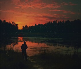 Fototapeta premium A lone individual is seen cycling along a marshy pathway during a rainy sunset, evoking a sense of solitude