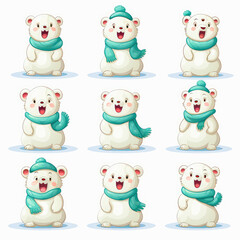 New Year emoticons funny polar bears, emoji. Cartoon style, New Year, Christmas.